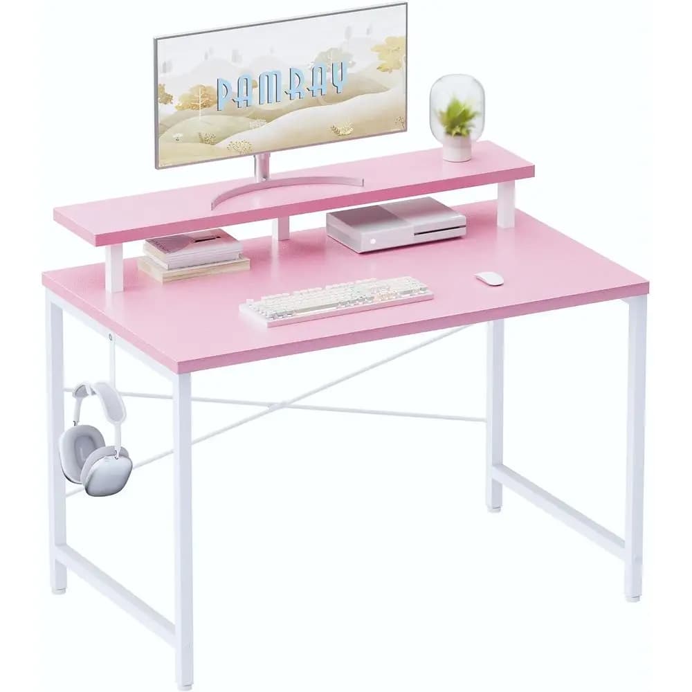 Scrivania Compatta per Computer da 32 Pollici con Supporto per Monitor, Ideale per Piccoli Spazi, Tavolo da Studio per Bambini, Camera da Letto, Rosa