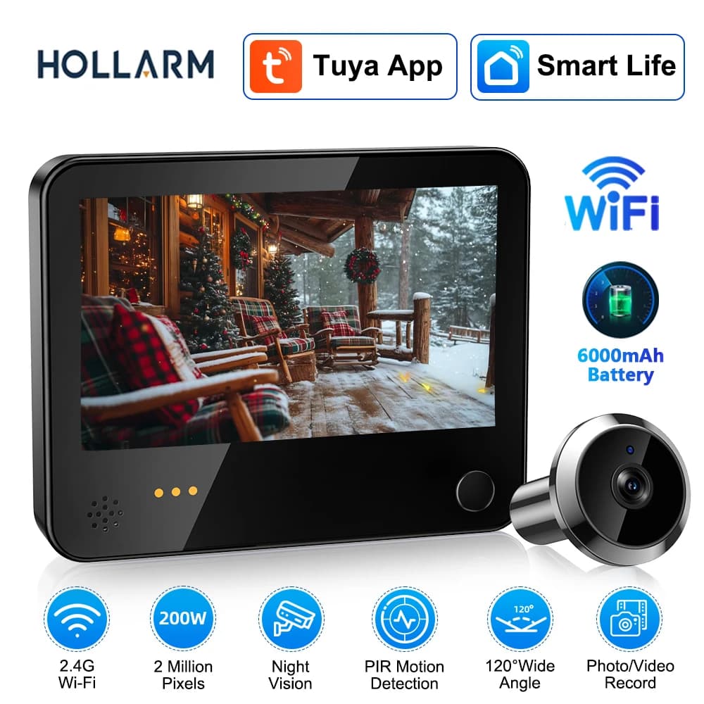 Hollarm Videocitofono wireless Campanello per porta intelligente Telecamera per spioncino Cat Eye Telecamera di sorveglianza WIFI Citofono visivo Rilevazione movimento PIR
