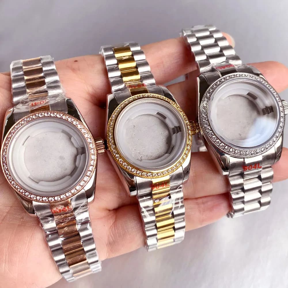 Cassa per orologio da donna in acciaio inossidabile da 31 mm con lunetta in diamanti adatta NH05A NH06A vetro zaffiro argento oro rosa lucido per orologio da donna