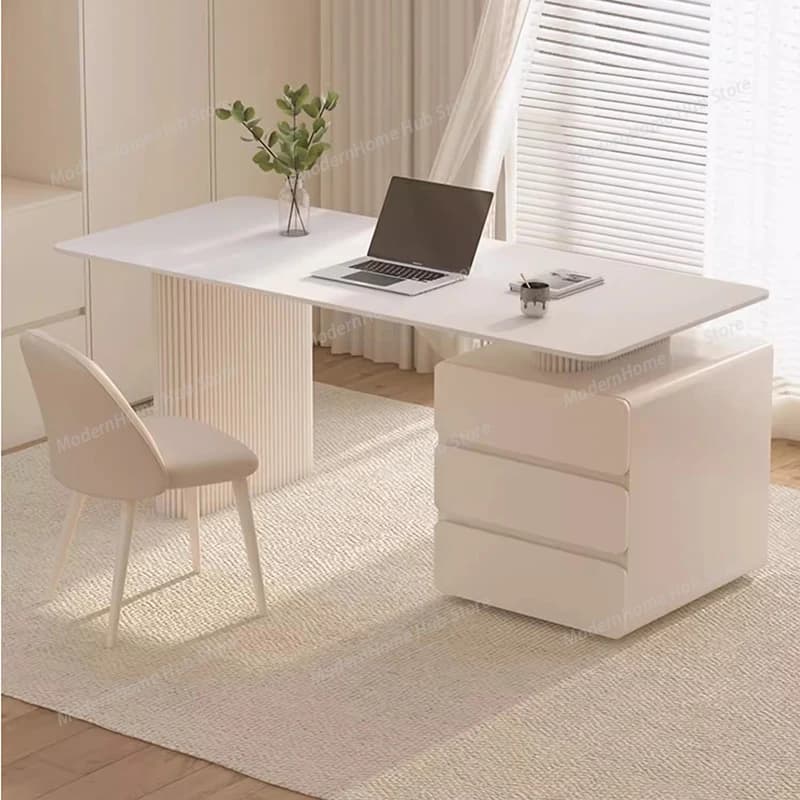 Scrivania da Ufficio Bianca con Display, Multifunzionale con Cassetti, Scrivania da Gaming di Lusso, Tavolo per Computer, Arredamento Trendy