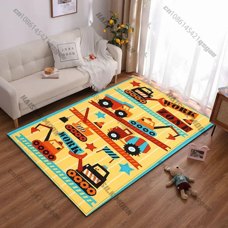 Tappeto per zona di lavoro con veicoli da costruzione, tappeto da yoga, decorazione per soggiorno, tappetino per bambini, zerbino, tappeto per giochi