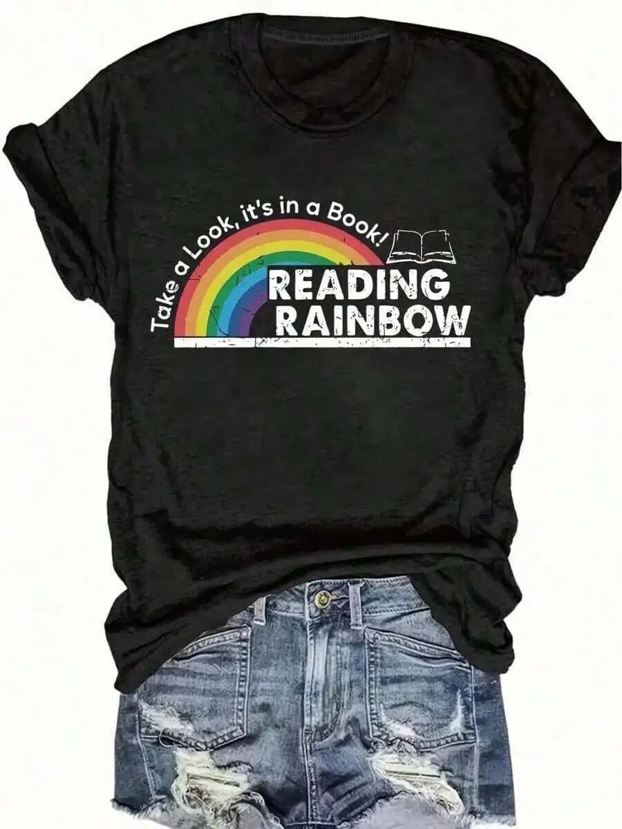 Reading Rainbow Graphic Tee Womens Casual Crew Neck T-Shirt With Book Print