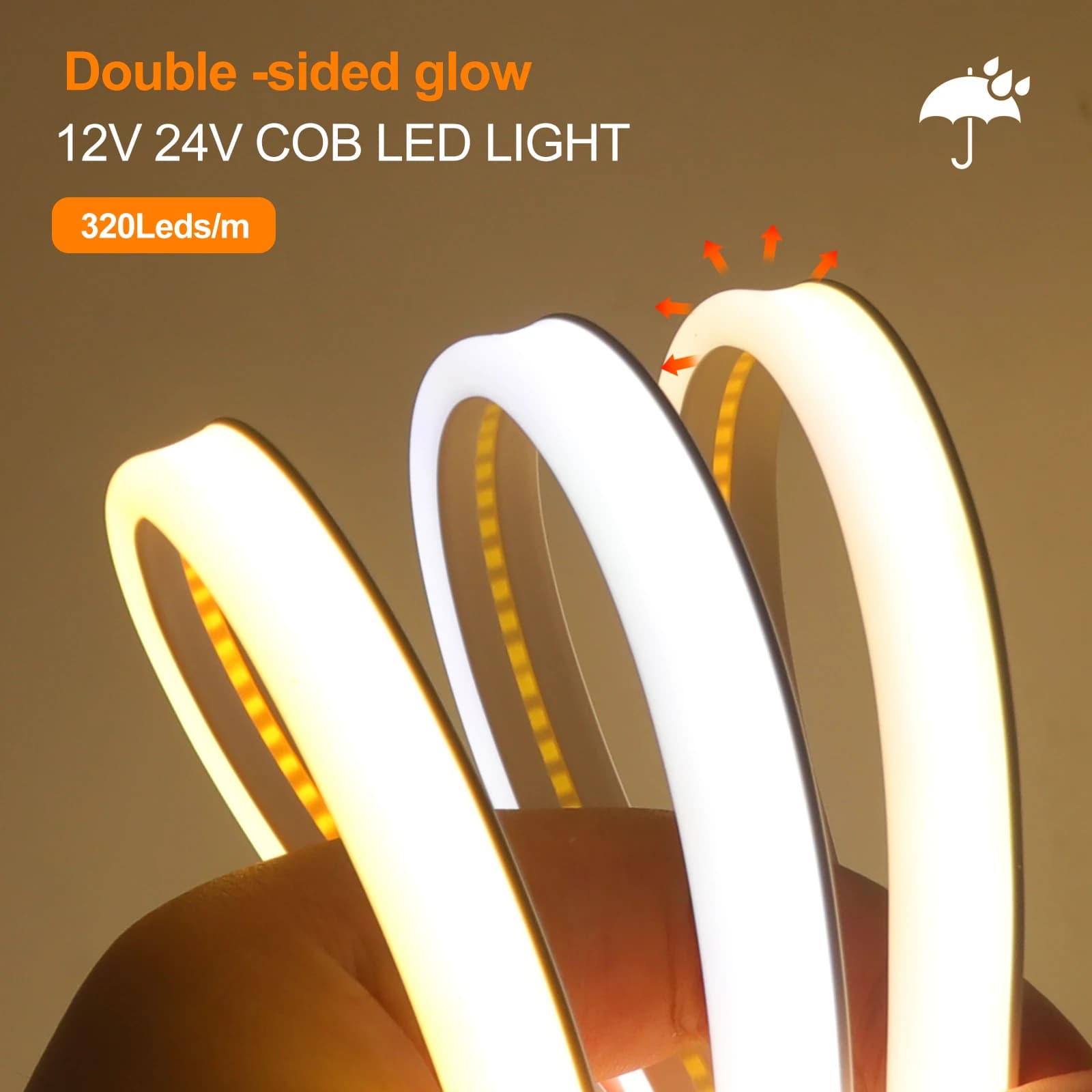 Striscia luminosa a LED COB a doppio lato DC 12V 24V per stanza Alta luminosità 320LED / M Illuminazione lineare Nastro al neon flessibile impermeabile