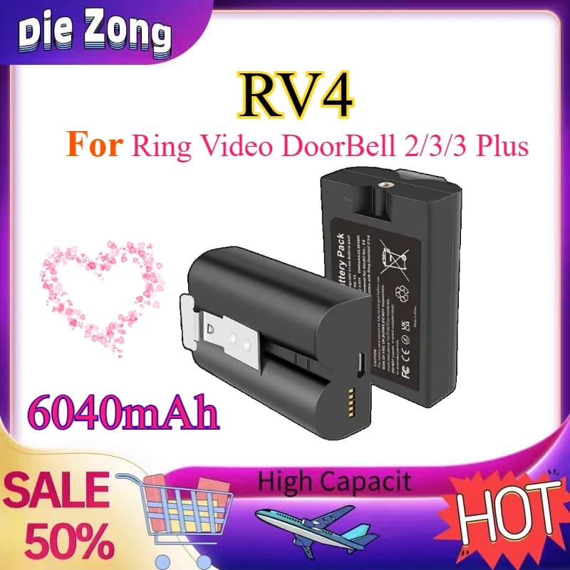 Nuove Batterie Digitali RV4 6040mAh per Ring Video DoorBell 2/3/3Plus, Spotlight Cam, Battery/Solar Stick UP Cam, Solar SM002