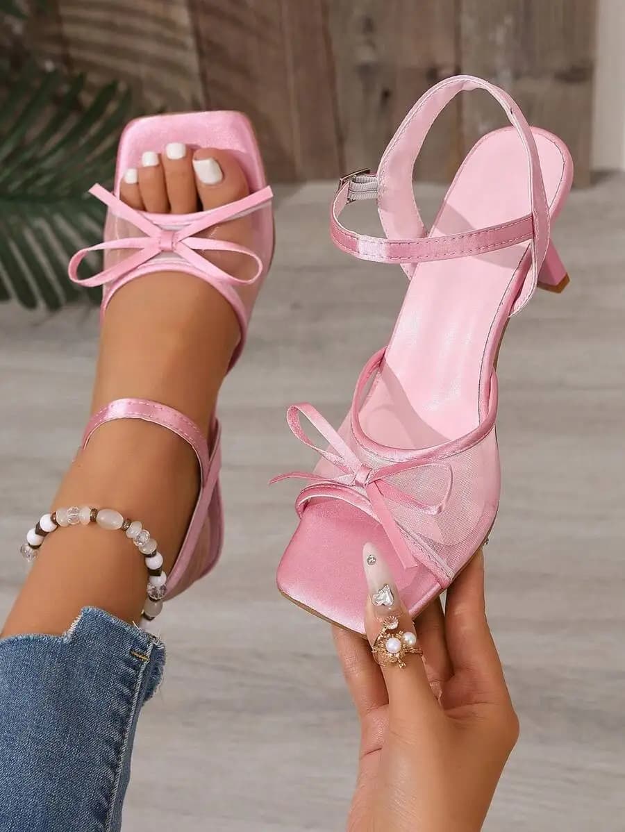 Pink Square Toe Mesh High Heel Sandals With Bow Ankle Strap For Party
