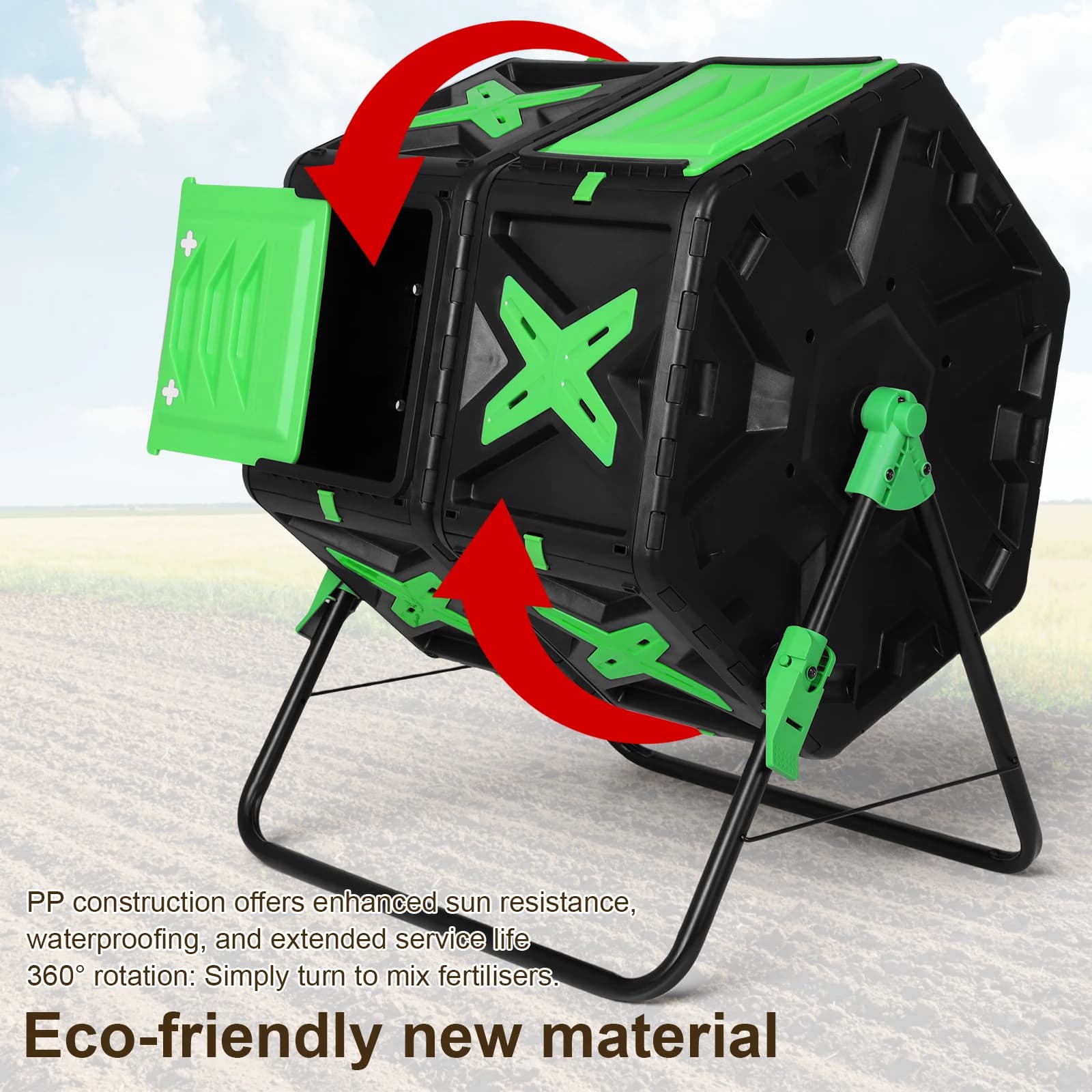 140L Dual Chamber High Volume Composter with Sliding Door 360 Degree Rotating Compost Bin Easy Setup for Outside Garden and Yard