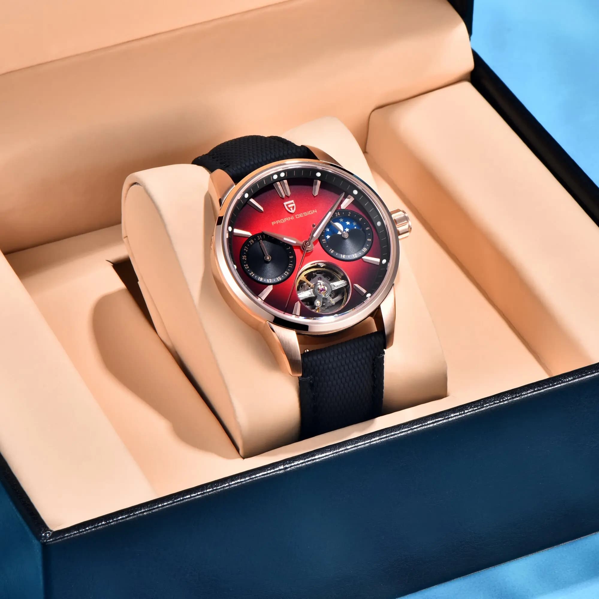 Orologio Meccanico da Uomo PAGANI DESIGN Urban, Lusso Leggero e Trendy, Cinturino in Acciaio Inox e Pelle, Fasi Lunari, Calendario, Tourbillon
