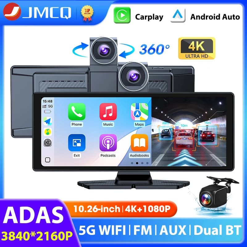 Dash Cam Portatile 10.26\" con ADAS, Videocamera 4K, Carplay e Android Auto Wireless, DVR per Auto con GPS, Registratore Video e Monitor