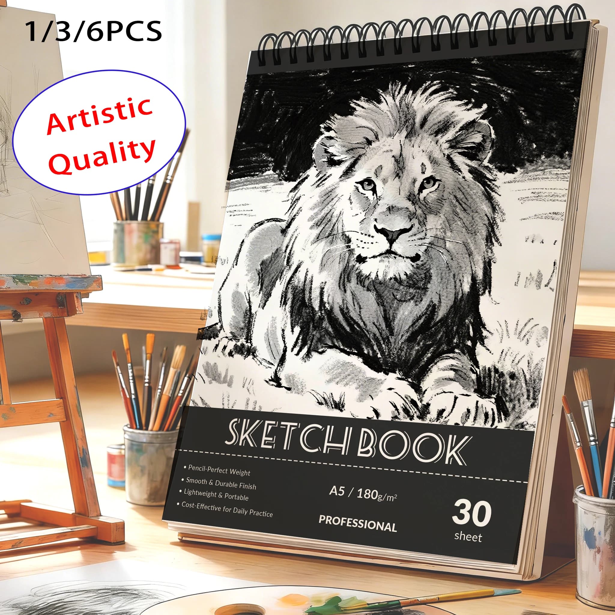 A5 Spiral Bound Sketchbook, 180gsm Acid-Free Smooth Art Paper Pad, 30 Sheets Professional Drawing Notebook for Pencil Sketc