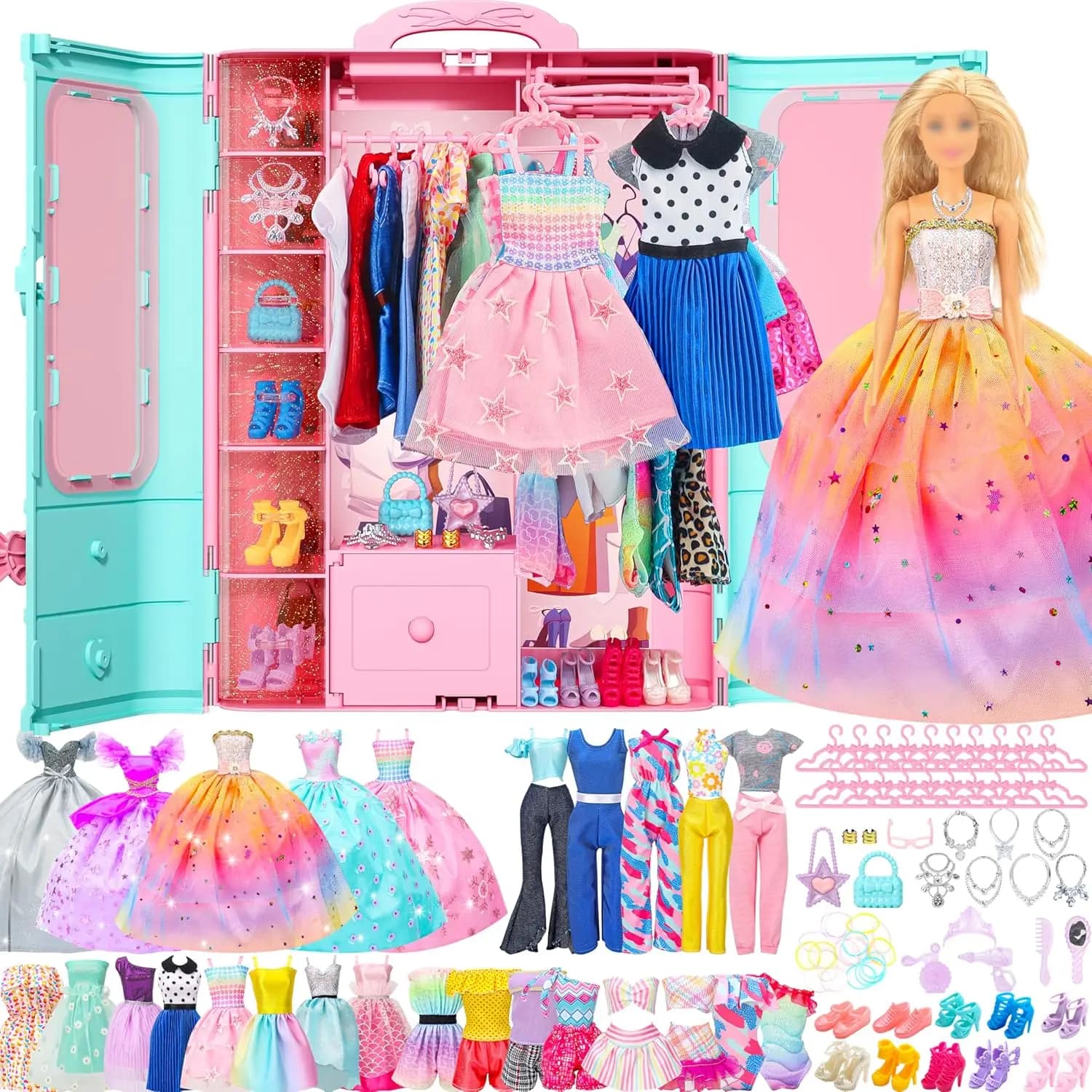 Set of 70 Pieces for Doll Wardrobe with Clothes, Accessories, Clothes rack - Toys and Kids Gifts