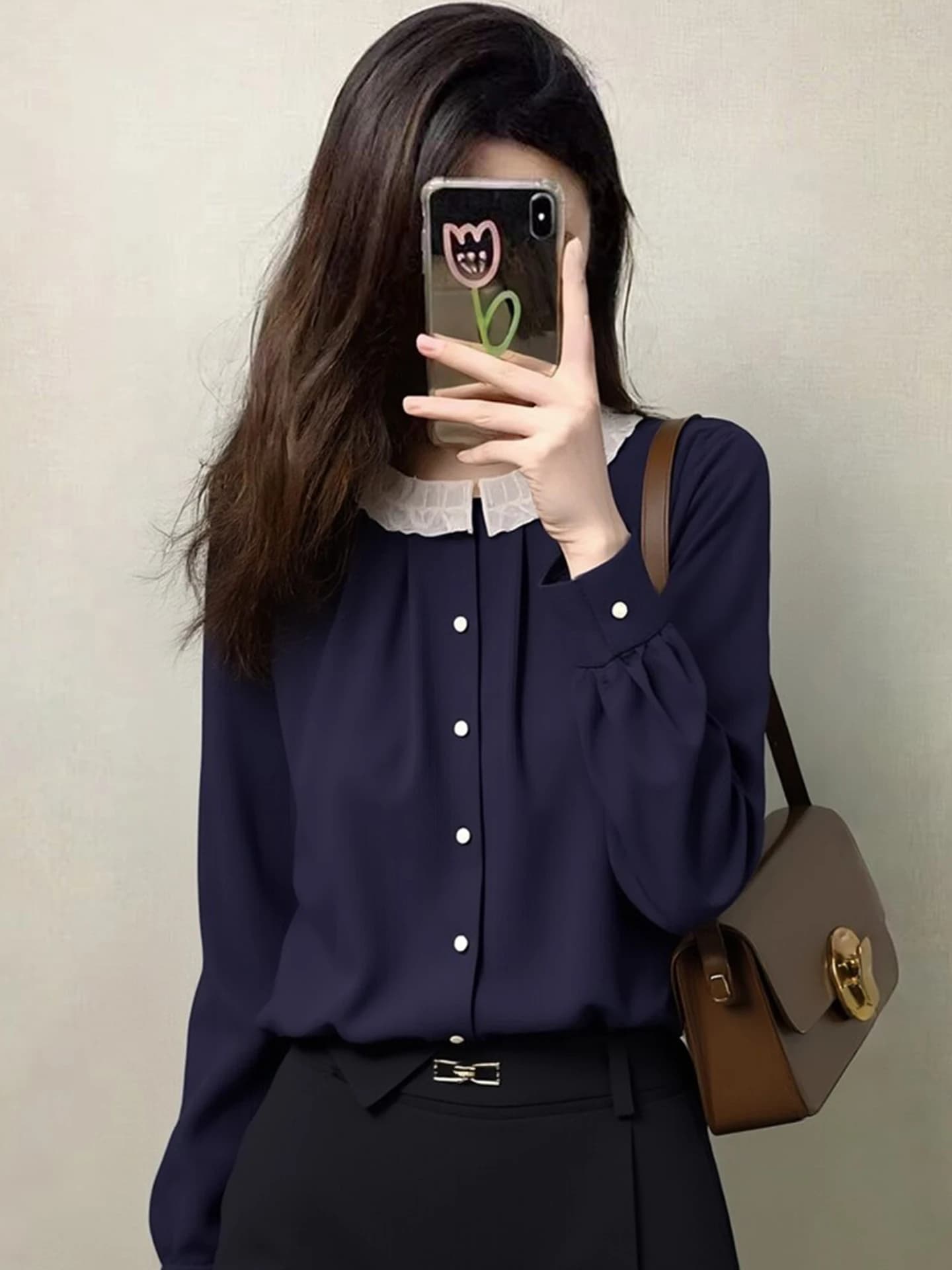 Camicia da donna a maniche lunghe color block alla moda primaverile, con design in legno, stile coreano, top monopetto da donna per il commuting