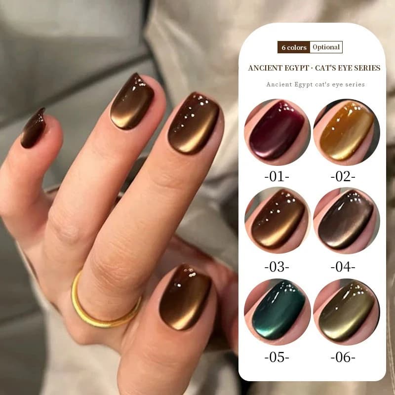 Kit Professionale Completo per Manicure con Smalto Gel Effetto Occhio di Gatto Marrone, Perline di Vetro Bianche e Dorate Riflettenti