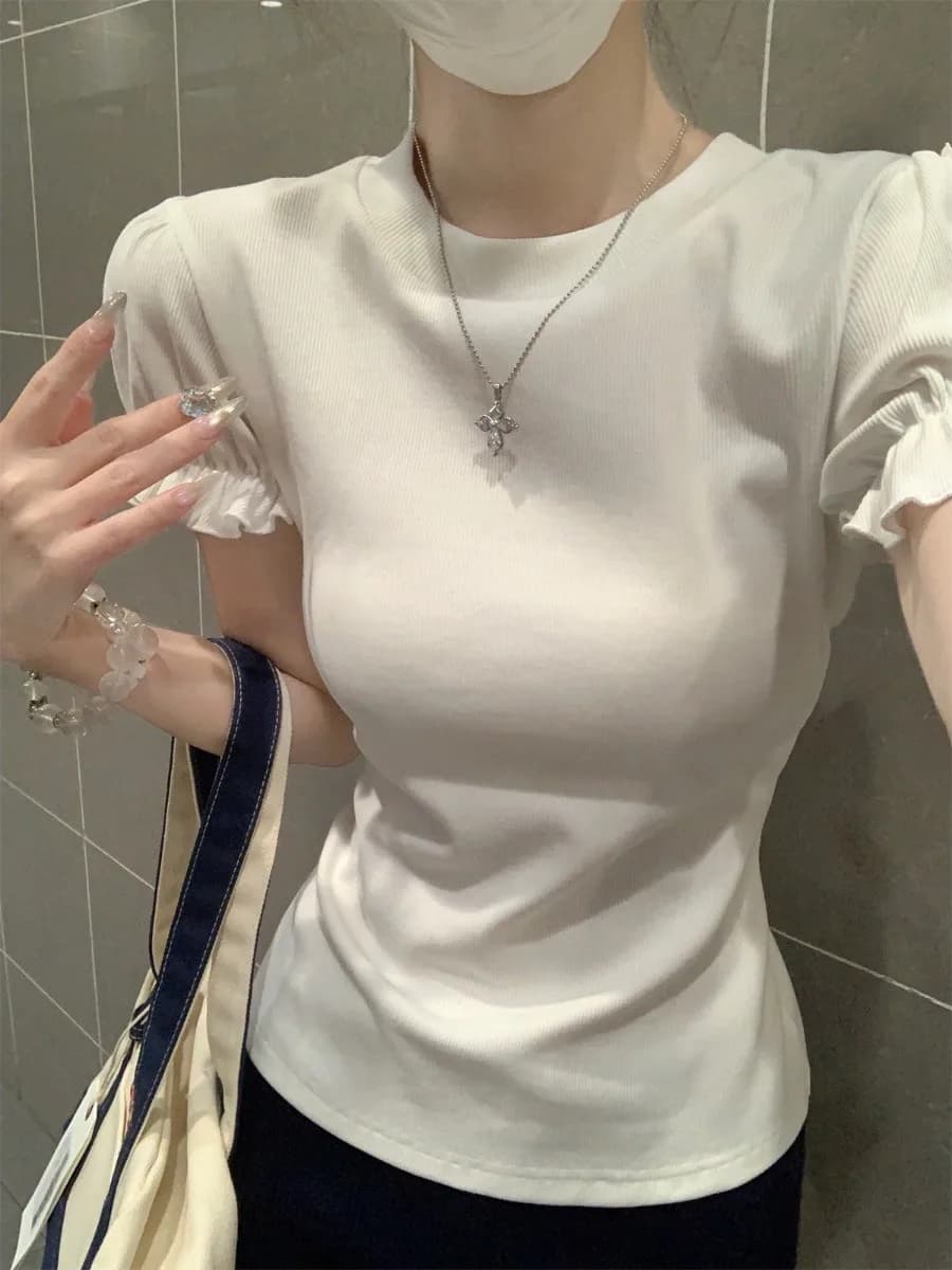 Nuova Collezione Estiva: T-shirt da Donna in Pizzo con Maniche a Bolle, Top Slim Fit a Maniche Corte, Stile Coreano per il Lavoro