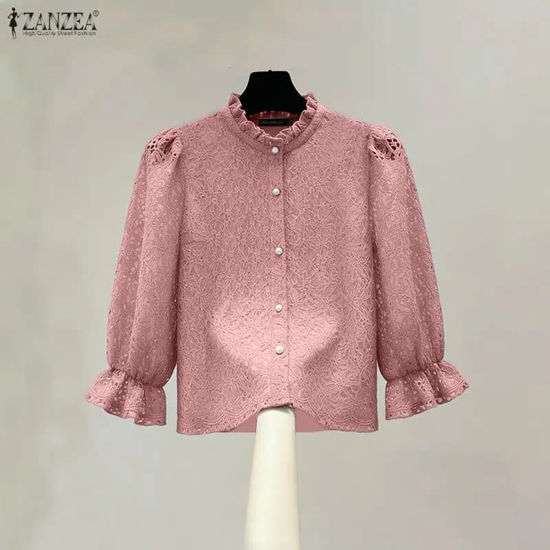 2026 ZANZEA Camicie da Donna alla Moda con Pizzo, Blusa Estiva a Maniche 3/4, Tunica Casual Larga con Volant, Top Femminile con Bottoni, Blusas