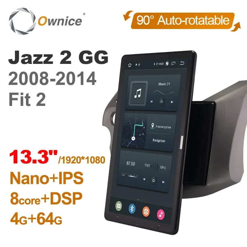 Lettore DVD per Auto Android 10.0 da 13,3 Pollici, 1920*1080, Rotazione Automatica, per Honda Jazz 2 GG Fit 2 2008-2014, Navigazione GPS, Radio