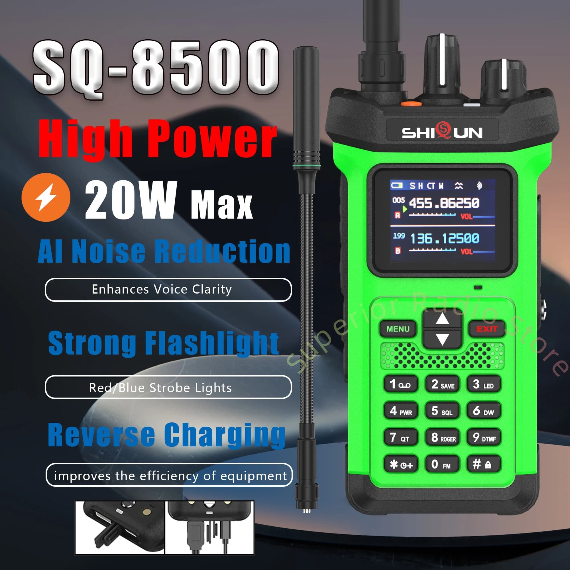 SQ-8500 Walkie Talkie Verde Ad Alta Potenza 20W VHF UHF 5800mAh AI Riduzione Del Rumore Caricatore Inverso Forte Torcia FM Come Power Banl