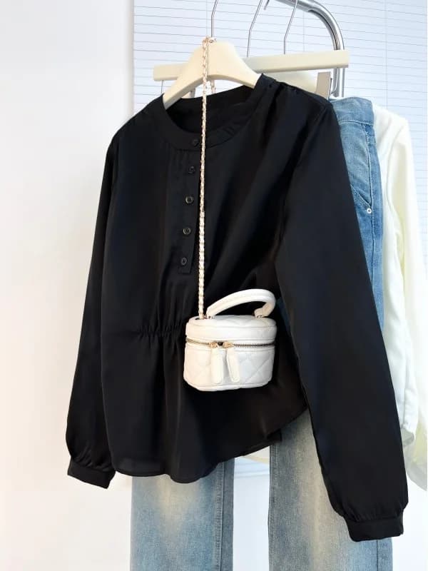 Elegant Black Long Sleeve Women's Shirt Elastic Waist Conceals Belly Autumn New Style plus Size Fashion Korean Style Commute