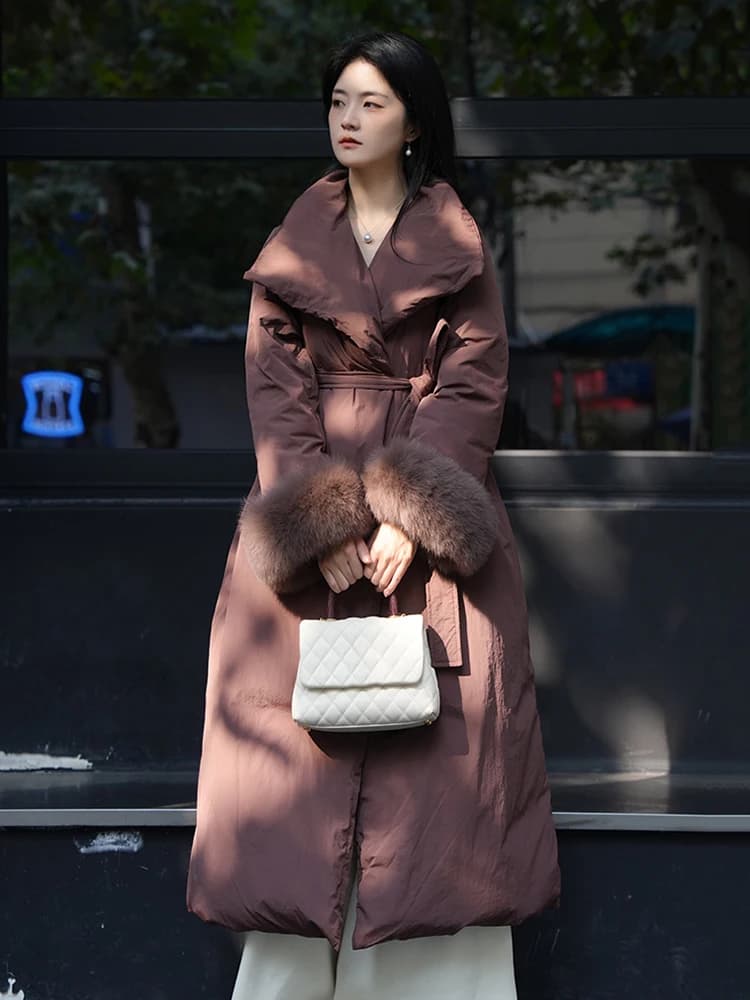 Winter Lapel Woolen Sleeves Long Parker Down Jacket Women White Duck Down Lace Up Warm Down Jacket Female Knee Length Outwears