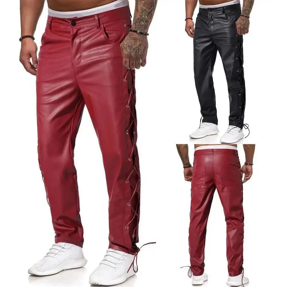 Leather 2024 New Pants Men's Solid Color PU Strap Casual Large Size Leather Pants Men