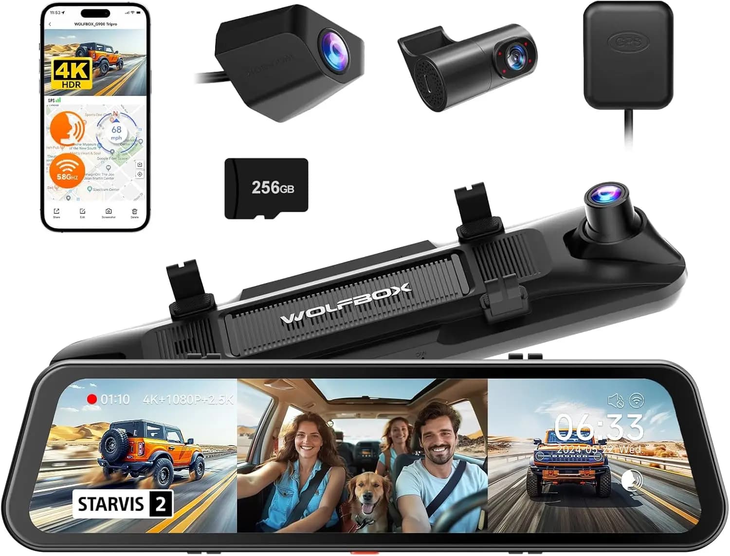 Dash Cam STARVIS IMX678 with Night Vision, 4K+1080P+2.5K Front, Interior and Back, WiFi 5.8GHz, Vocal Control, Includes 256GB Card