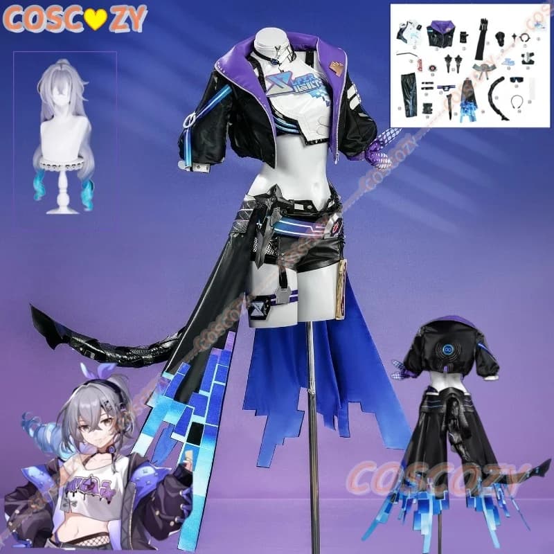 Costume Cosplay Silver Wolf di Honkai Star Rail con Parrucca, Cappotto, Copricapo, Occhiali da Sole, Coda e Accessori per Feste di Halloween