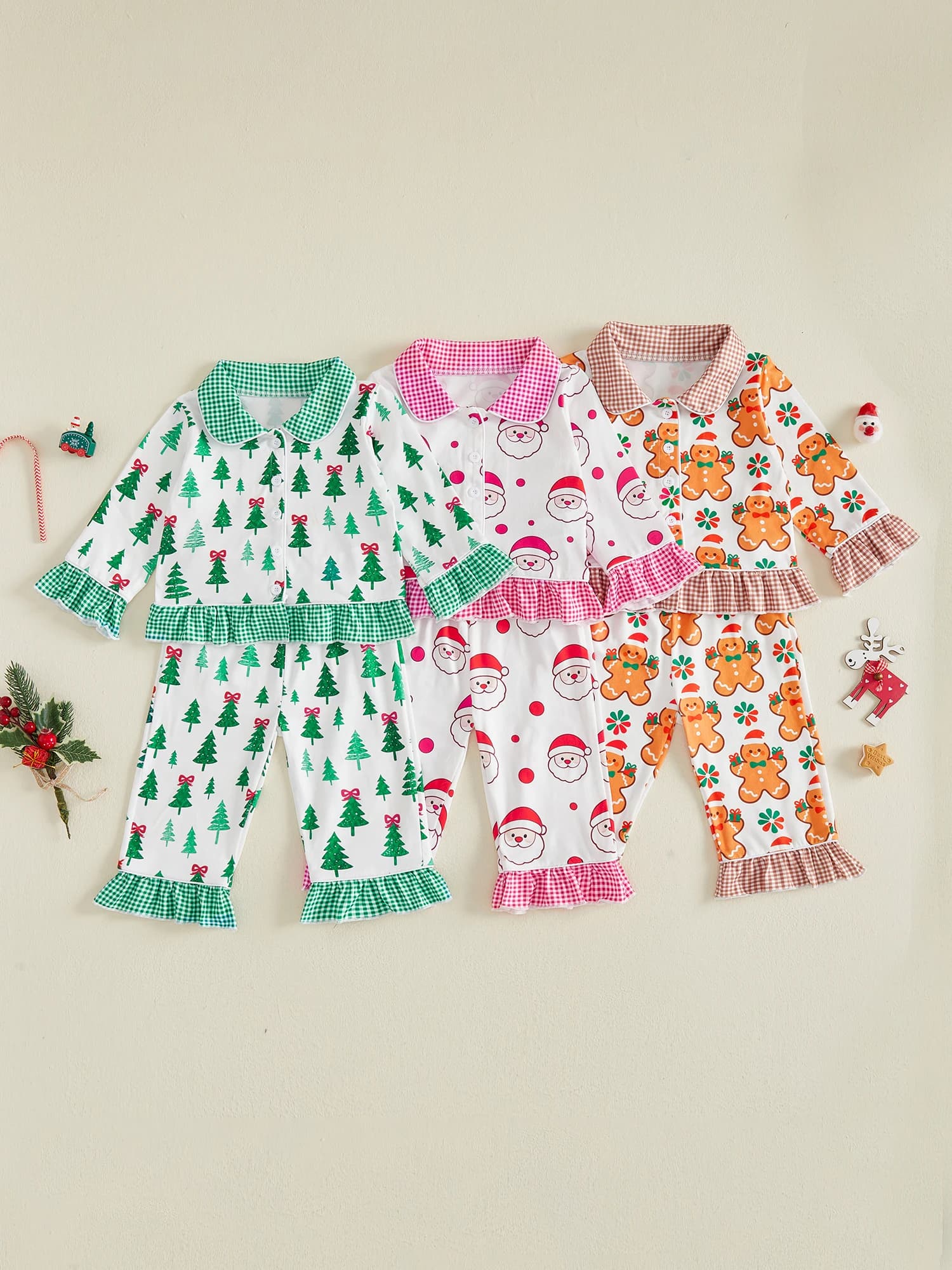Girls Christmas Pajamas Long Sleeve Christmas Pajamas Doll Collar Long Kids Girls Christmas Pajamas Ruffles Doll Pajamas