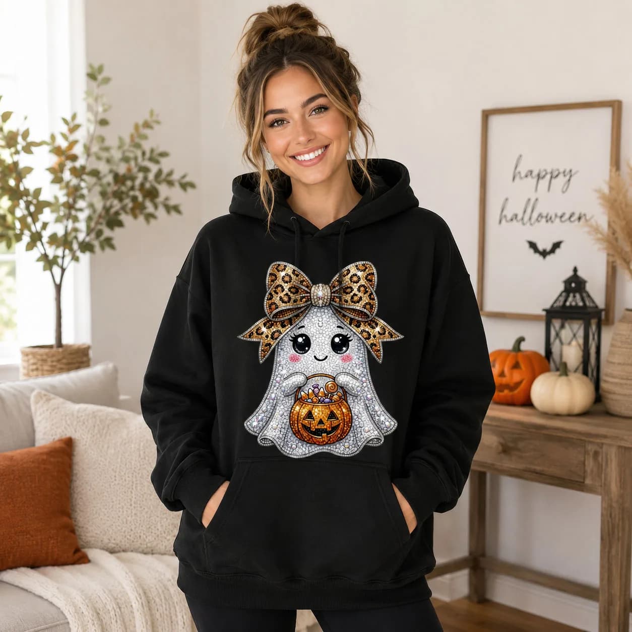 Spooky Season Hoodie Women Cute Ghost Sweatshirt Rhinestone Pumpkin Graphic Pullover Cozy Fall Winter Casual Tops Halloween Gift