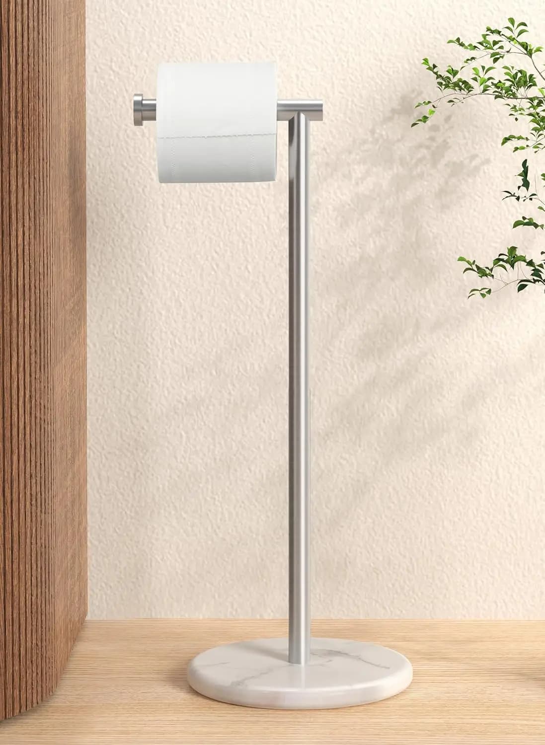 Portarotolo da Terra con Base in Marmo, Finitura Spazzolata in Acciaio Inossidabile, Supporto Moderno Bianco per Rotolo di Carta Igienica