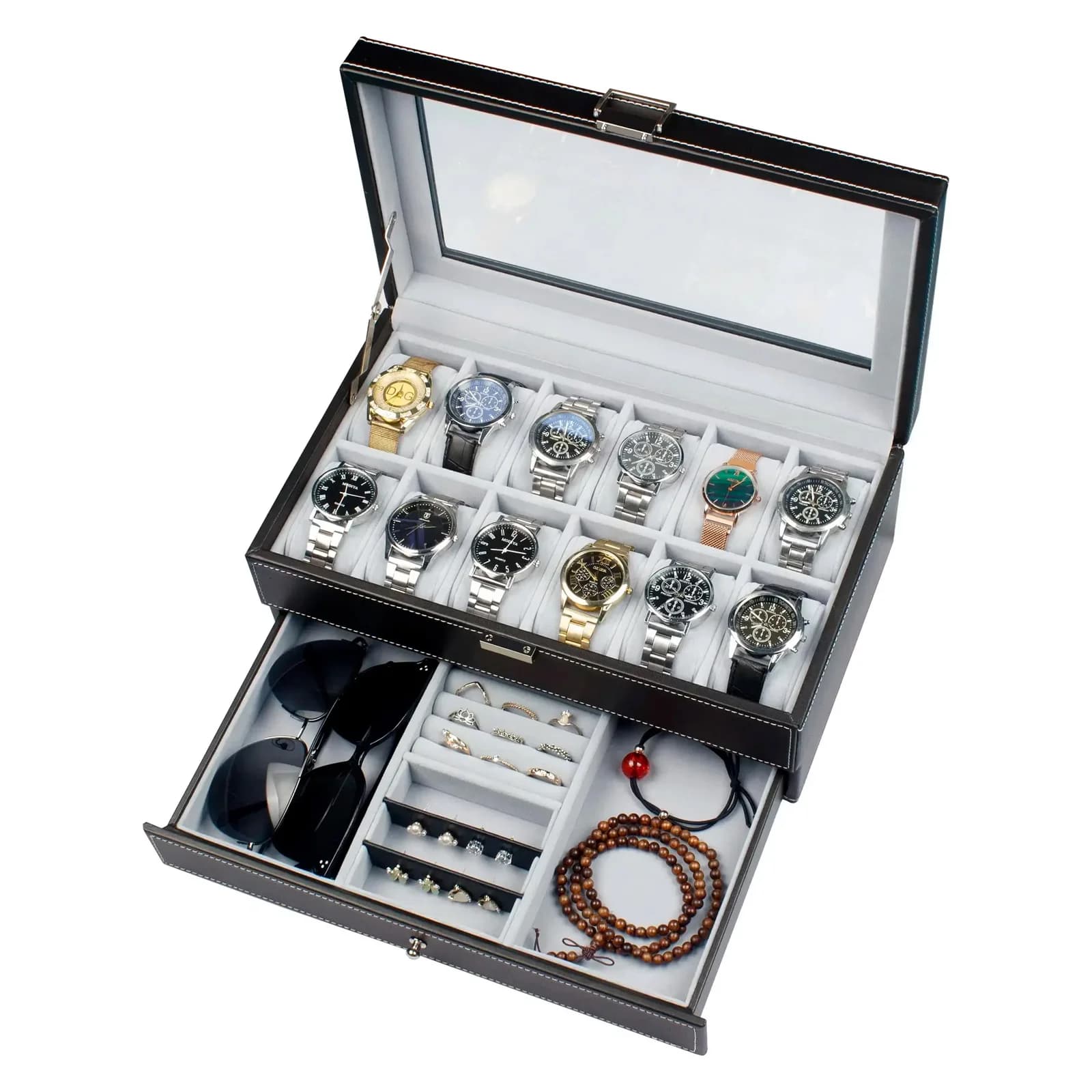 Nuove scatole portaoggetti per orologi con serratura in pelle a 12 slot, custodia per esposizione di gioielli da uomo e da donna, vetrina per orologi con organizer a 2 livelli