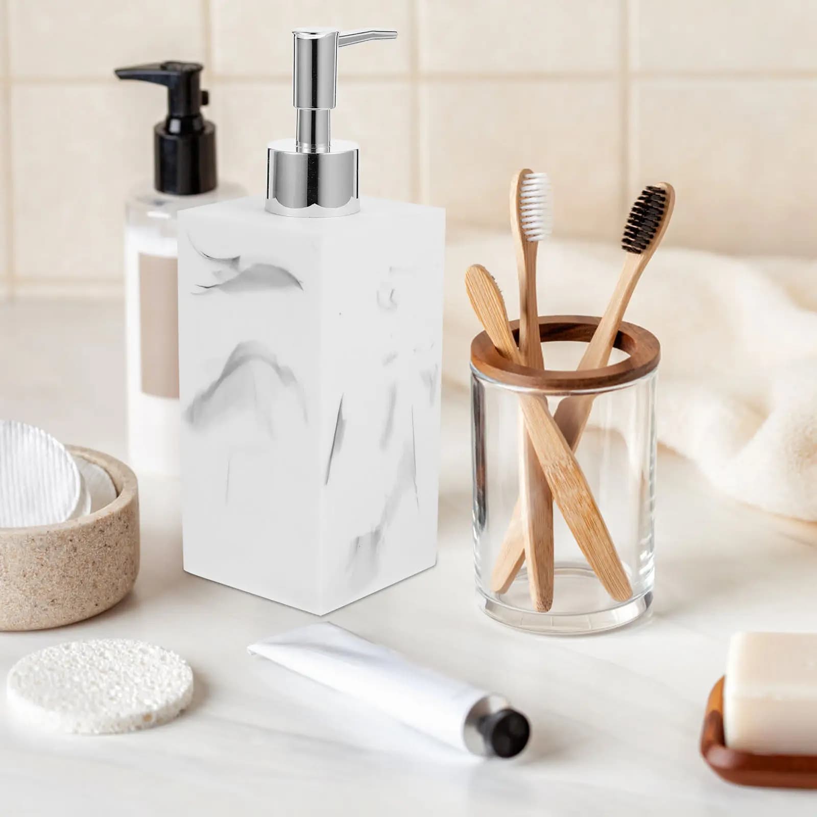 Dispenser di Sapone Liquido con Motivo Marmorizzato, Bottiglia Ricaricabile per Lozione, Dispenser Portatile da Bagno e Cucina