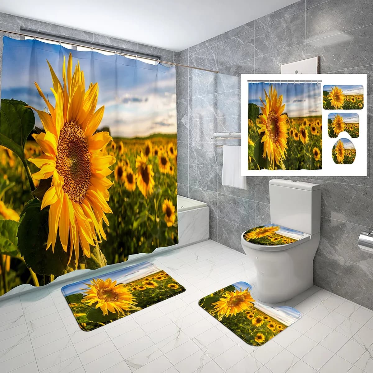 Set Tenda Doccia Girasole 4 Pezzi con Tappeti Antiscivolo, Copriwater e Fiori Gialli Pastorali - Set Tenda Doccia Impermeabile