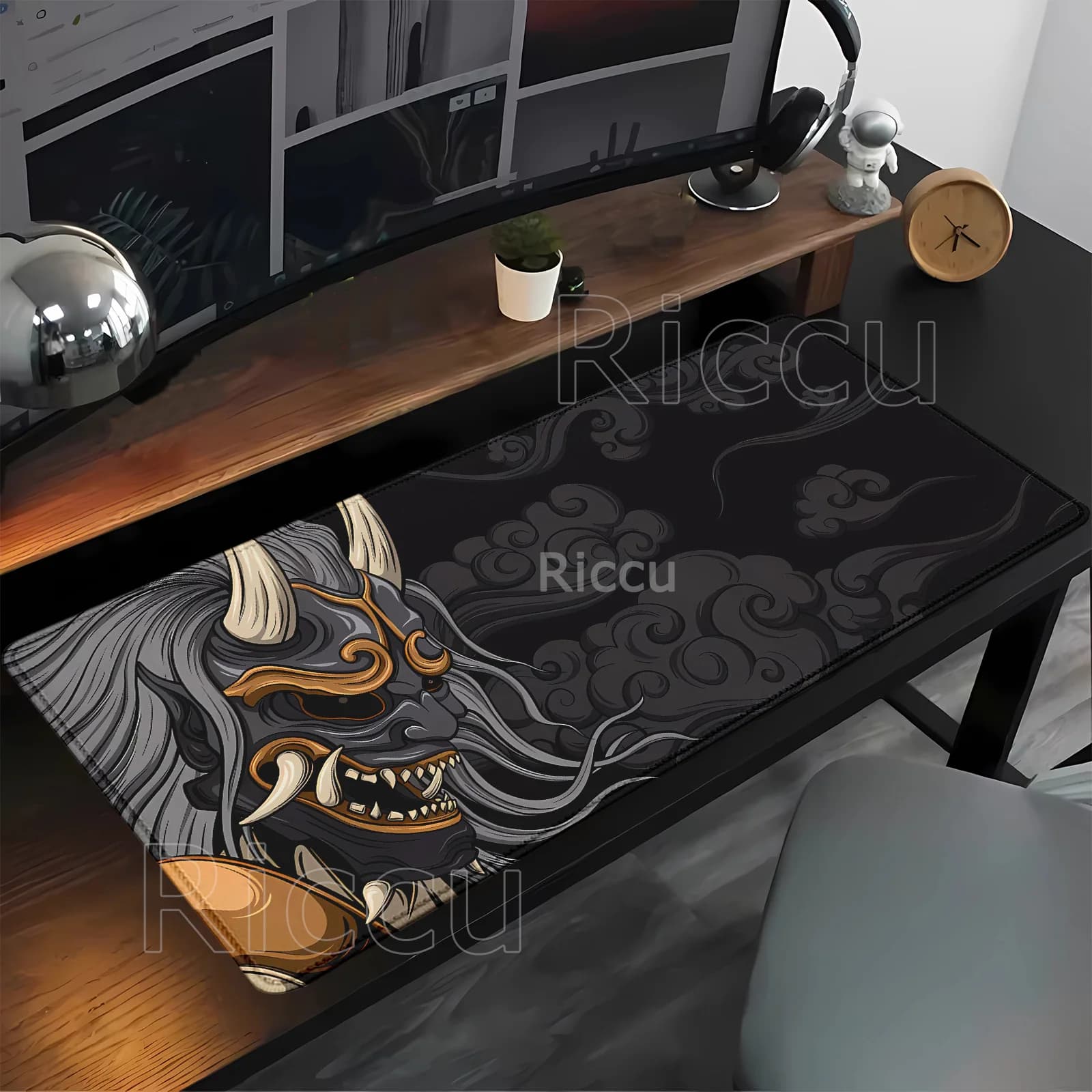 Tappetino per mouse antiscivolo Ghost Face Gamer Stampa HD Samurai giapponese Maschera da diavolo Accessorio per ufficio da gioco Tappetino da scrivania overlock per computer