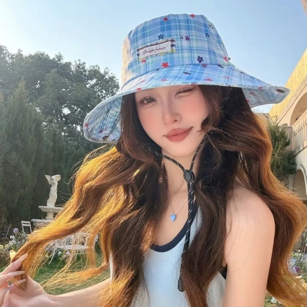 Cappello da Sole Portatile da Donna con Stampa a Stella, a Tesa Larga, Traspirante, Stile Giapponese, Protezione Solare, Cappello da Pescatore a Quadri, Cappello a Secchiello da Spiaggia