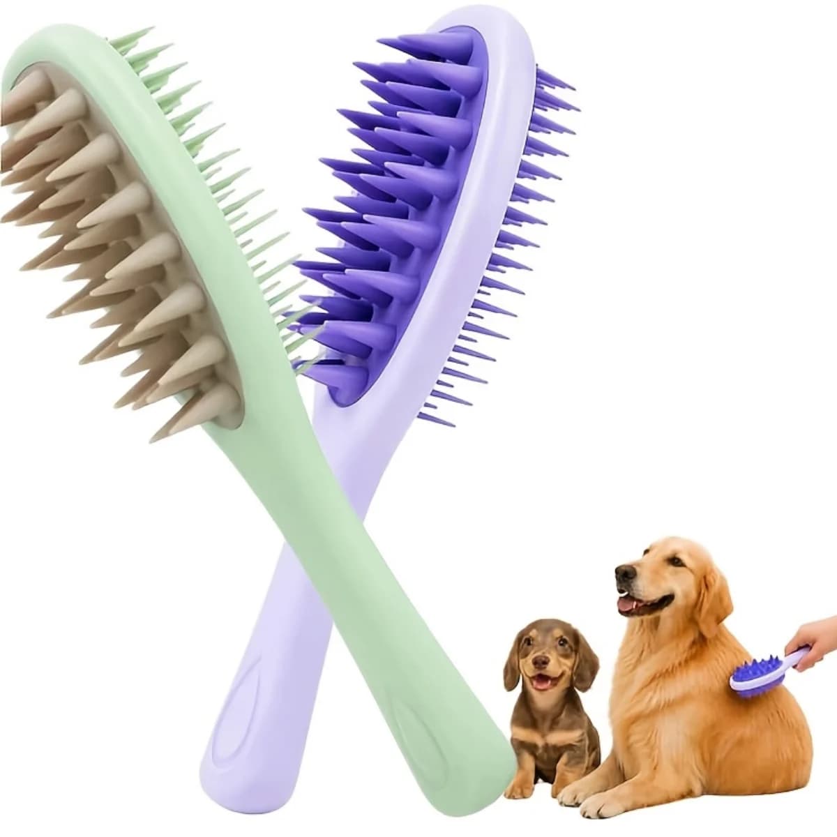 Silicone Long‑Handle Pet Bath Brush Dog Cat Grooming Scrubber for Wet Dry Massage & Hair Removal Purple & Green