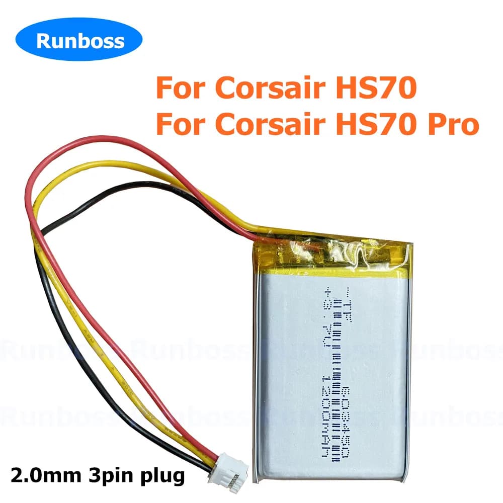 3.7 V 1200 mAh 603450 with 2,0 mm 3 pin plug for GPS camera DVD e-book Corsair HS70, wireless gaming headphones Corsair HS70 Pro