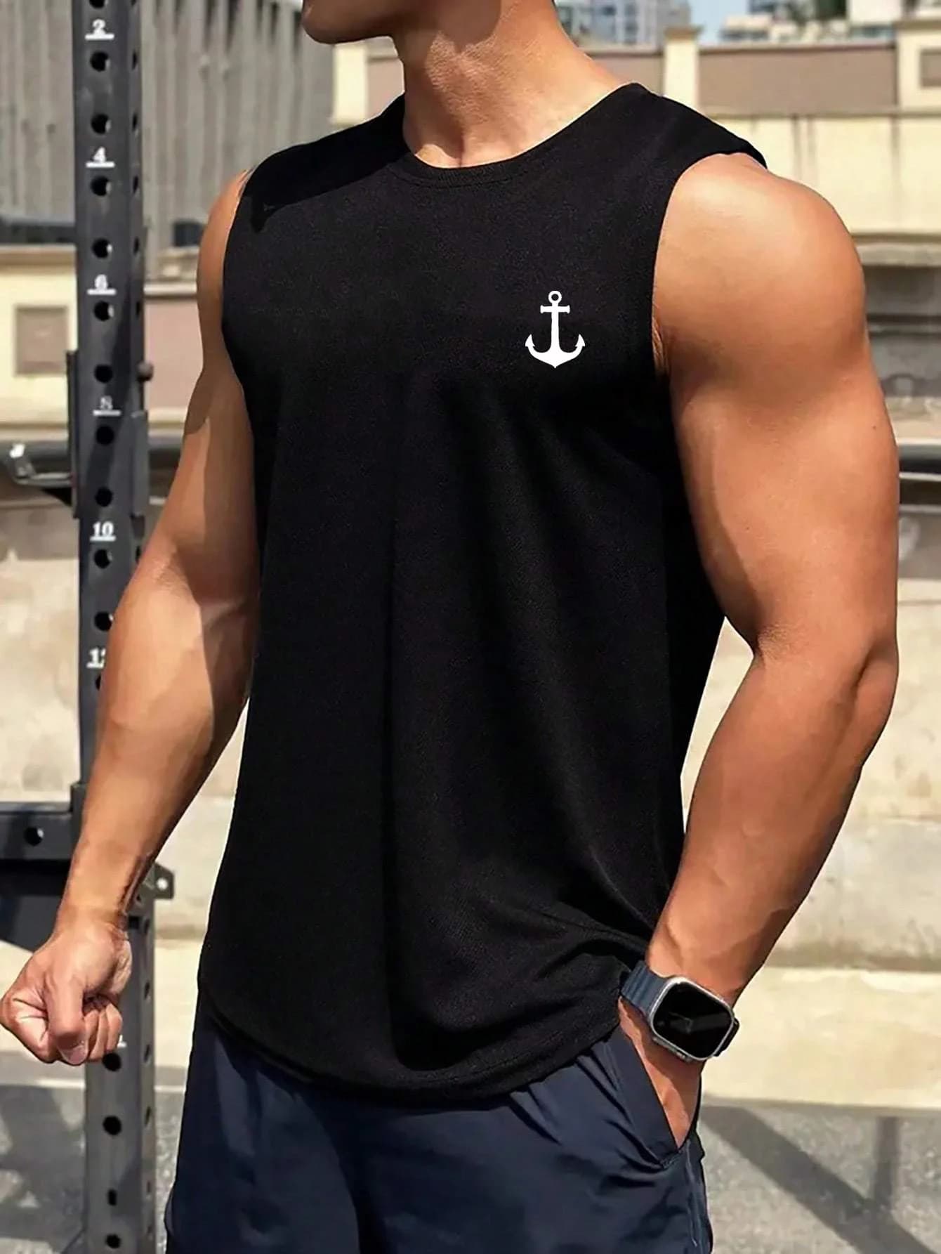 Gilet senza maniche girocollo comodo e traspirante stampato con motivo di ancoraggio per barca allentato fitness sportivo casual estivo da uomo