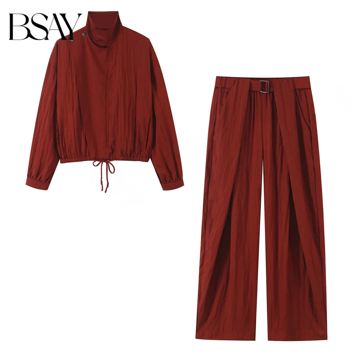 BSAY Vintage Solid Women Two Piece Set Asymmetric Button Stand Collar Drawstring Jacket High Waist Belt Wide Leg Pants Outfit