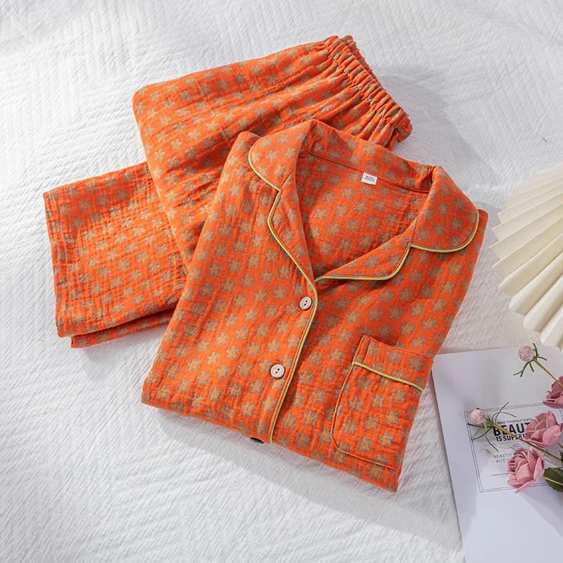 Ladies Cotton Double Gauze Pajama Set Chinese Jacquard Long SleeveTrousers Loungewear Turn-down Collar Pijamas Women 2 Piece
