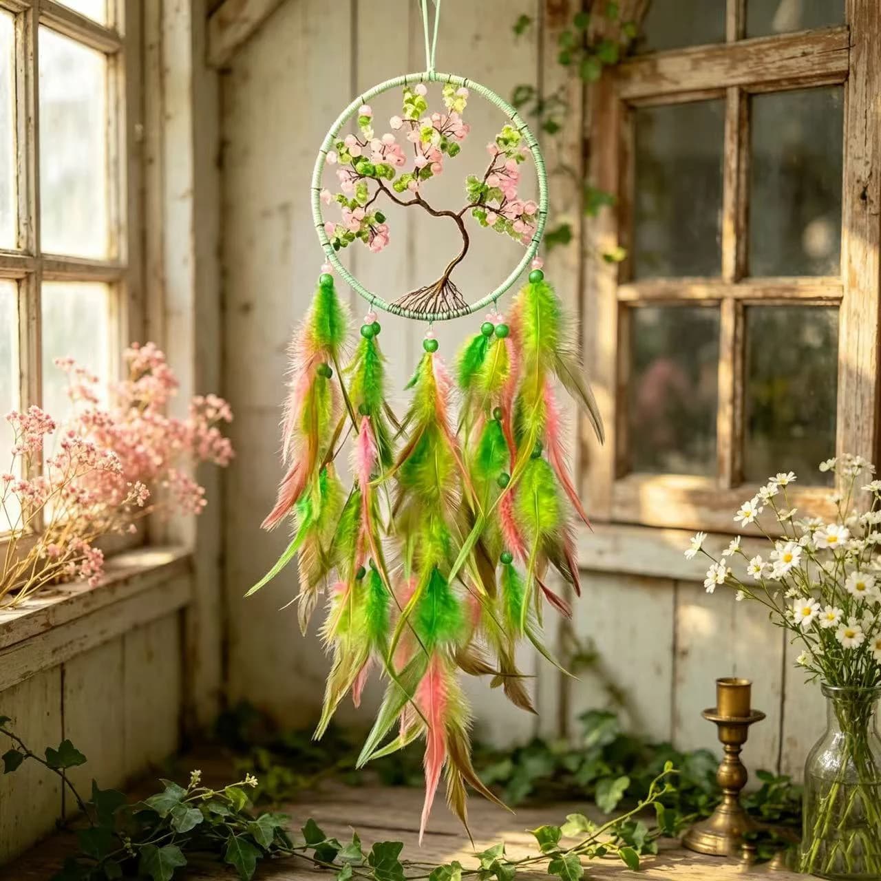 Handmade Tree Of Life Pink Green Dream Catcher Crystal Stone Wind Chime Ornaments Home Living Room Wall Hanging Gift Decor