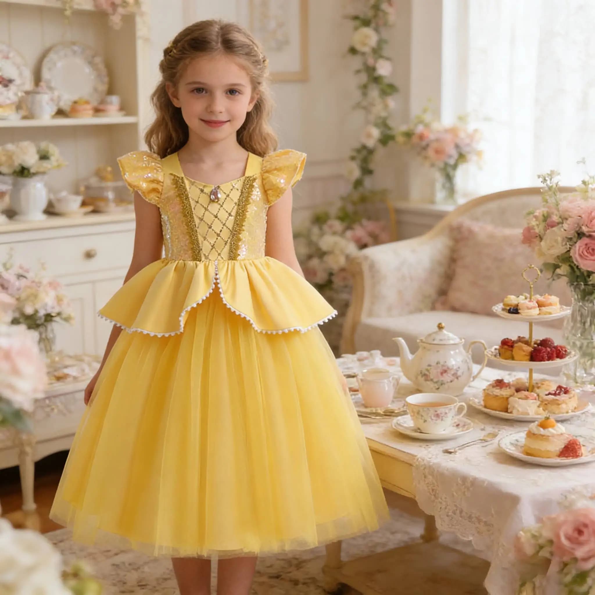 Kids Yellow Sequin Dress with Layered Tulle Skirt for Pageant Wedding Princess party Flower Girl Everyday Dress Up