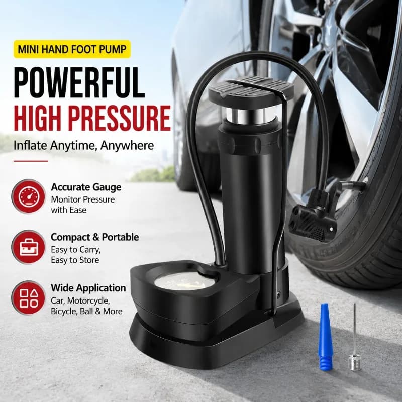 Mini Foot Activated Air Pump Portable High Pressure Foot Inflator for Bicycle E-bike Motorcycle Car Tire Inflation Household