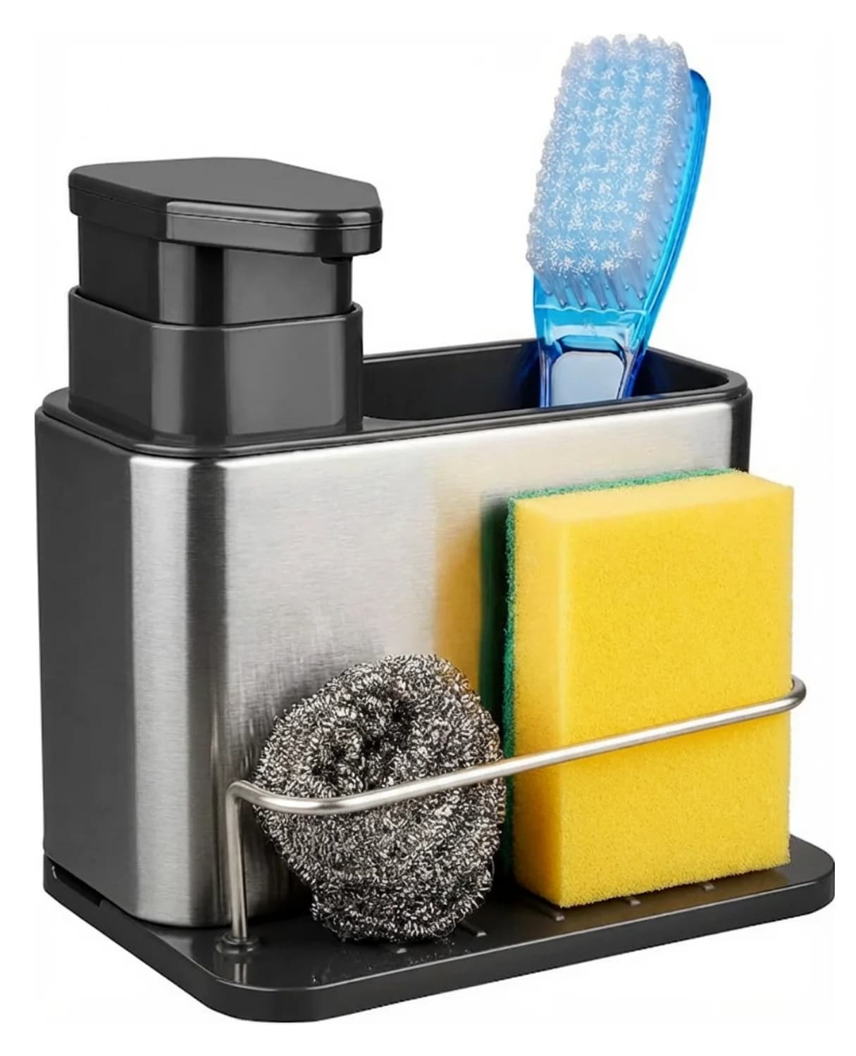 Dispenser di Sapone da Cucina 3-in-1 con Porta Spugna, Organizzatore per Lavello in Acciaio Inox, Porta Spazzole e Scovolini