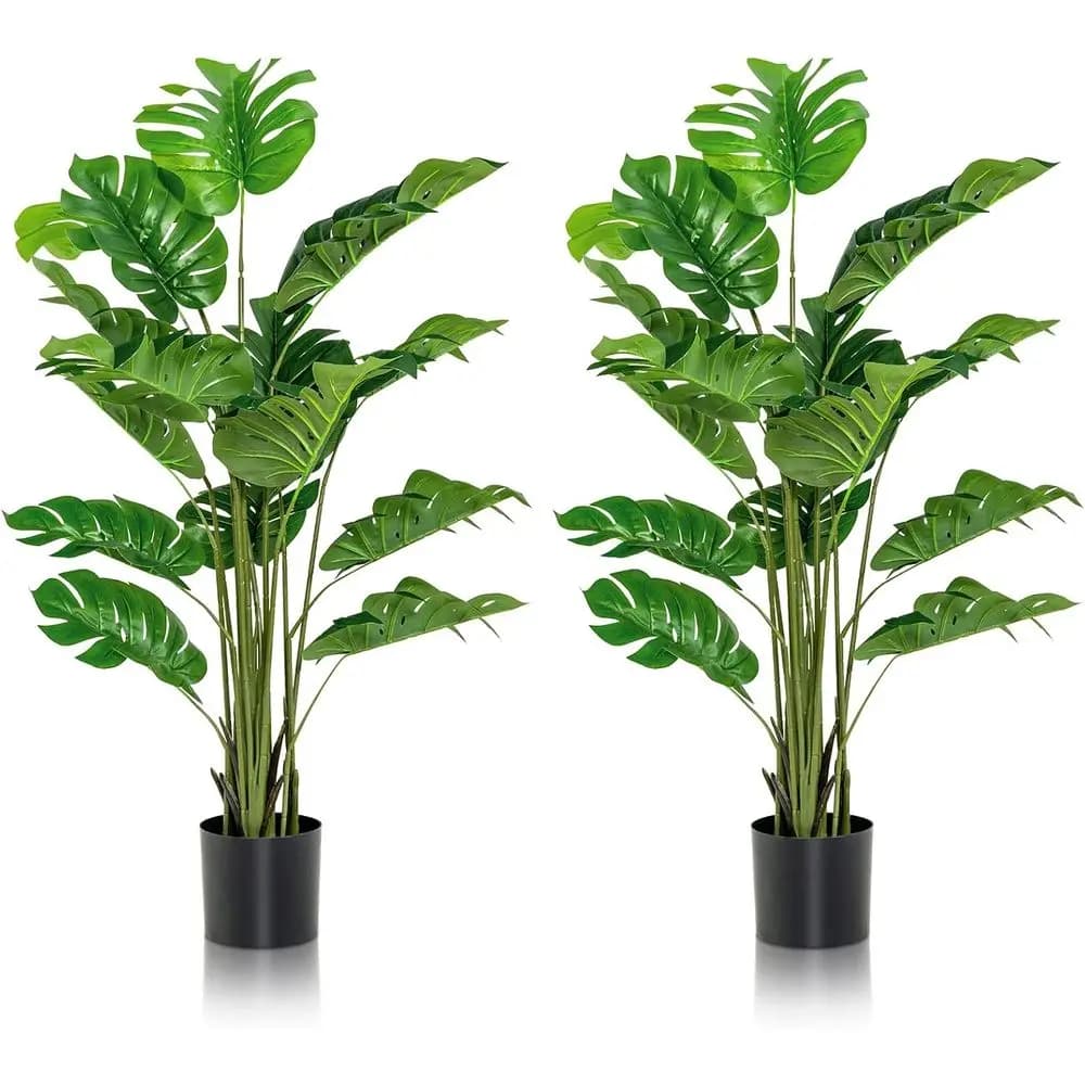 Pianta Artificiale Monstera Deliciosa, Palma Tropicale Alta 1,5m con 15 Foglie Uniche a Forma di Tartaruga, Vaso in Plastica Riempito di Cemento, Confezione da 2