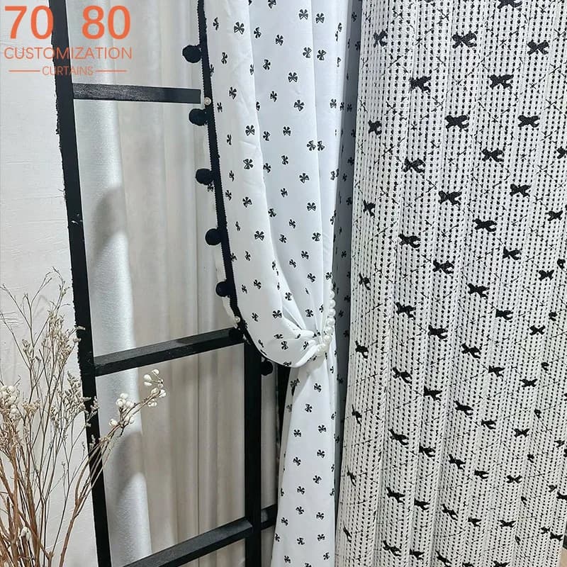 Black and White Dot Girl Bow Jacquard Thickened Blackout Curtains for Living Room Bedroom French Window Window Screen Customized