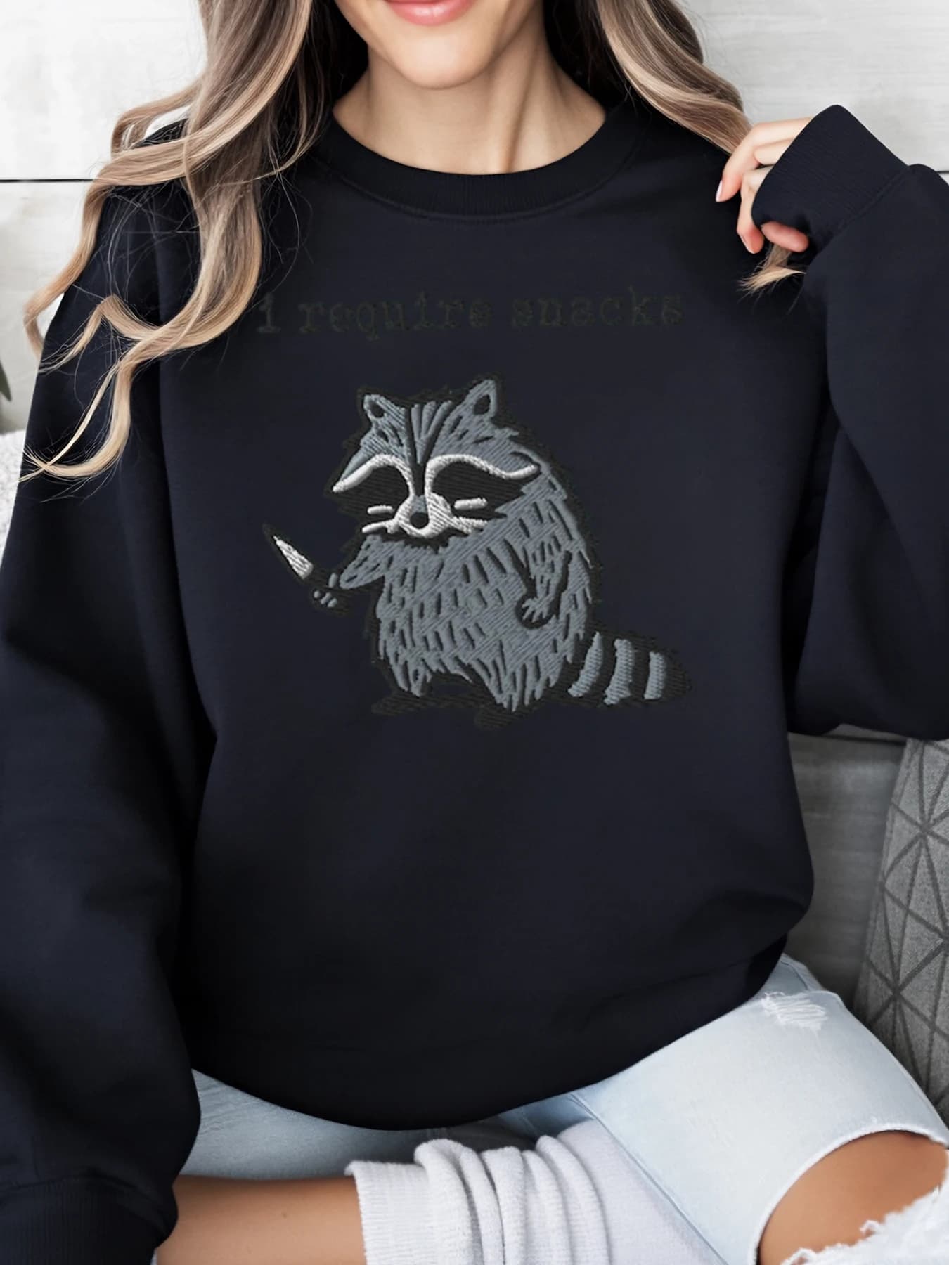 Sweatshirt with print Raccoon I Require Snacks Halloween Women Casual Clothing Black Plus Size