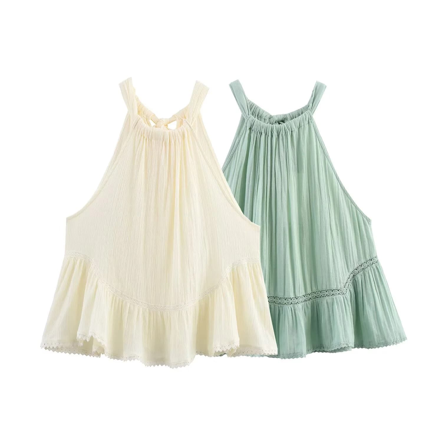 2025 Summer New Women's Sweet Off Shoulder Lace Embroidered Chiffon Hanging Neck and Neck Tank Top