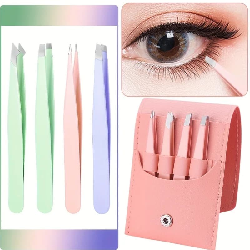 Set di 4 Pinzette per Sopracciglia in Acciaio Inossidabile Viola, Strumenti per Trucco, Extension Ciglia, Modellamento Sopracciglia, Rimozione Peli della Barba