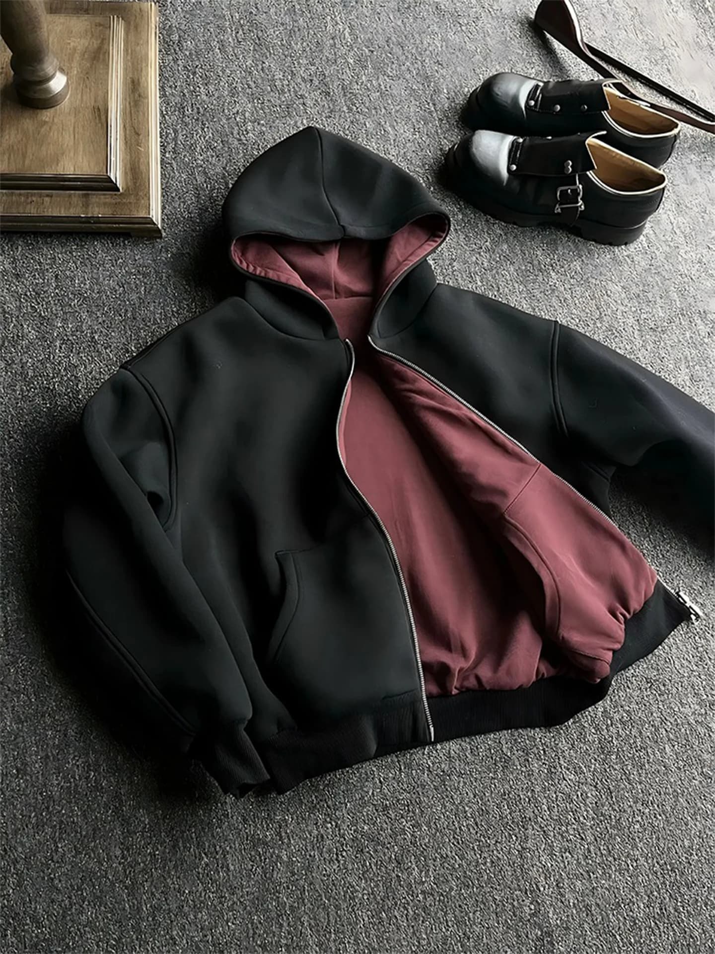American Style Double-Sided Wear Hoodie Men's Heavyweight Air Layer Zipper Cardigan Jacket Comfortable Polyester Fiber Long S...