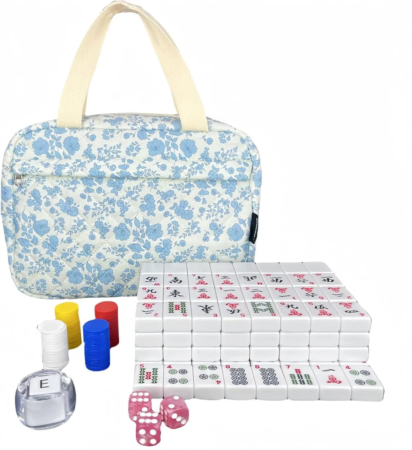 Set Mahjong Americano 166 Tessere con Borsa Trapuntata Floreale, Fiches e Dadi per Adulti Principianti