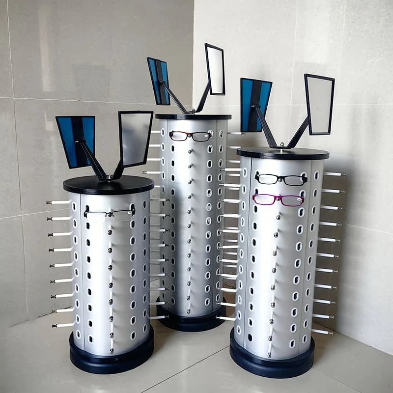 Rotating Sunglasses Display Rack Counter Top Aluminum Composite Board with Mirror Round and Square Shapes Sturdy Durable